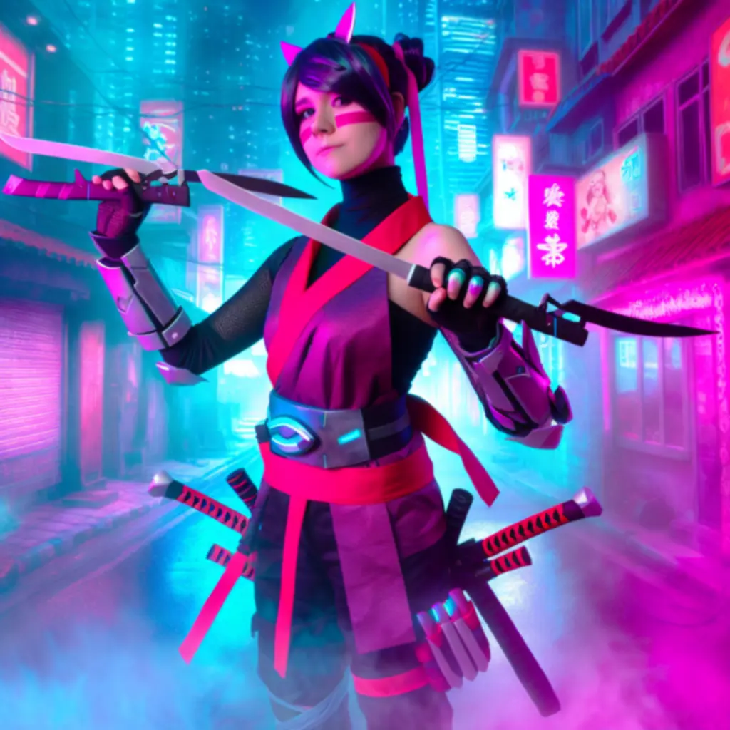 Cosplayerka jako Kiriko na tle neonowego miasta