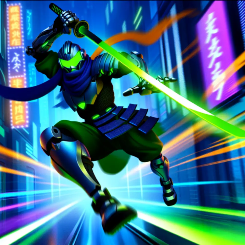 Fanart Genji – cięcie smoczą klingą w neonowym świetle