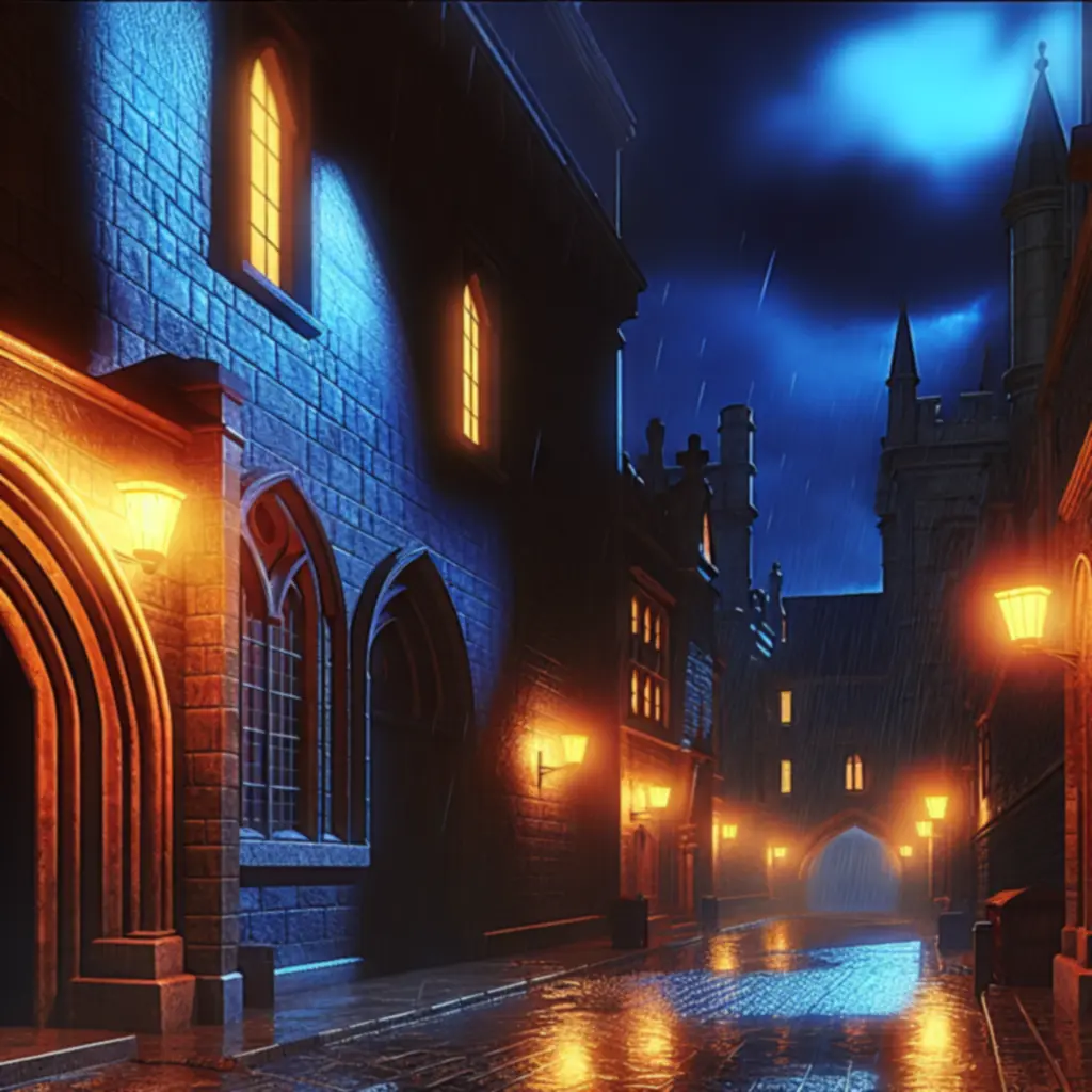 King's Row – nocna, deszczowa ulica Londynu z gotycką architekturą