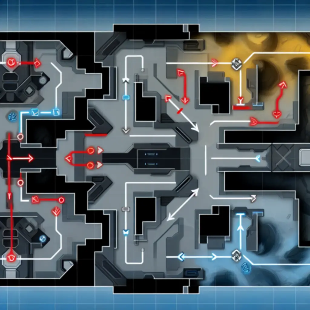 Widok mapy z zaznaczonymi choke pointami i ścieżkami rotacji